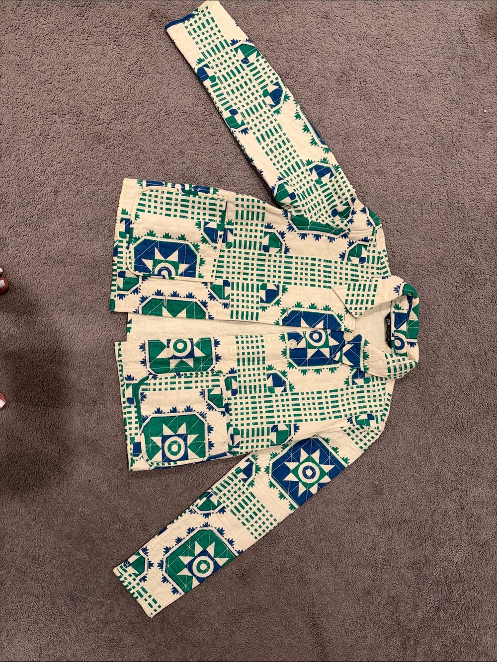 Women’s Printed Jacket in Cream with Blue & Green Geometric Print